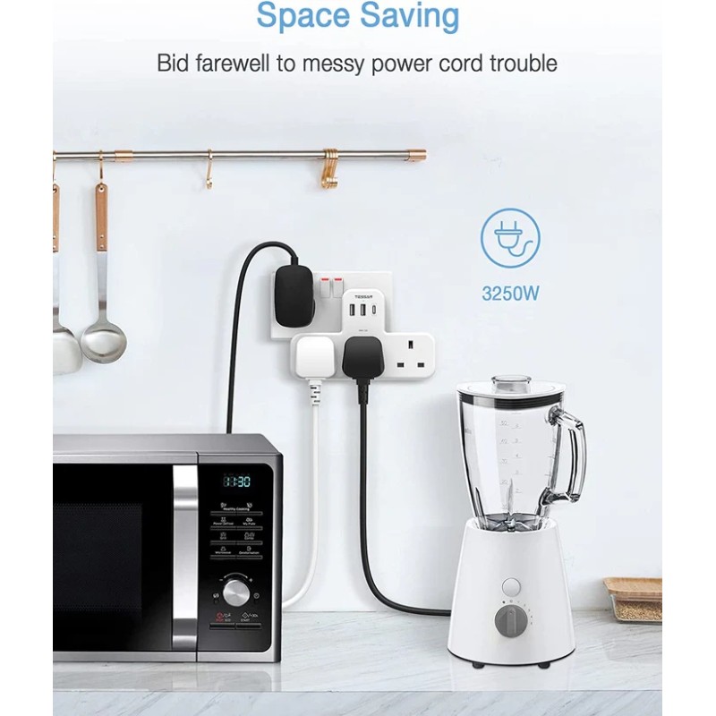 Buy Tessan 3-Gang plug Through UK Charger 2 USB A USB C 13A - TS-223-C - 3-Gang ... in Cyprus, Nicosia, Limassol, Larnaka, Pafos