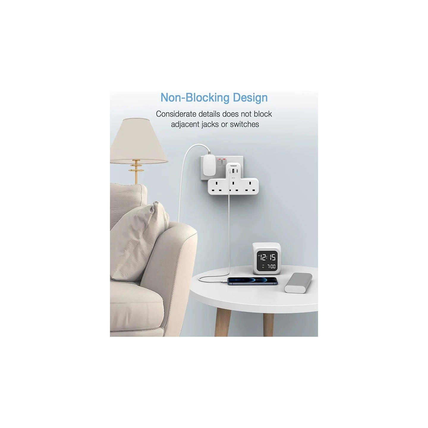 Tessan 3-Gang plug Through UK Charger 2 USB A USB C 13A - TS-223-C - 3-Gang plug Through UK Charger 2 USB A USB C 13A