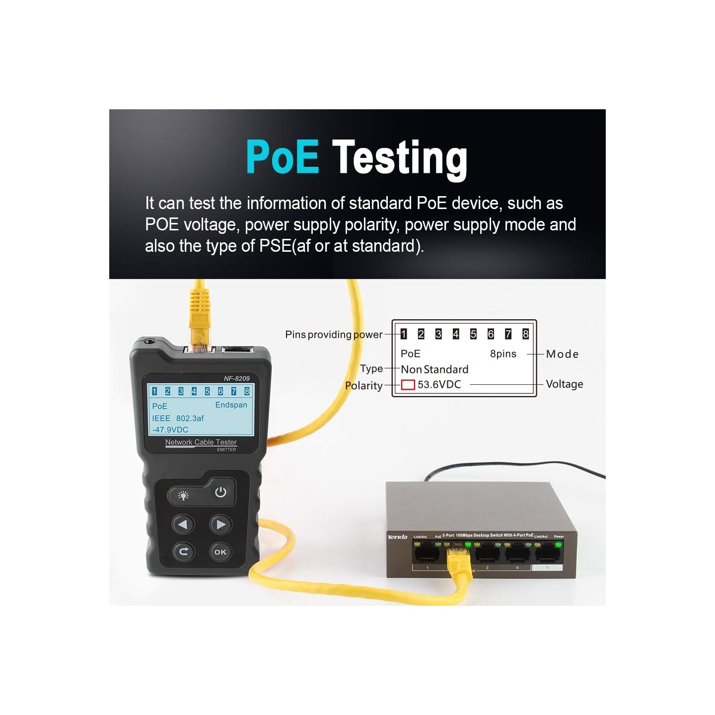 Noyafa Network Tester with LCD, Toner, Continuity, Cable Length, PoE, Port Blink - NF-8209 - Voltage Detection