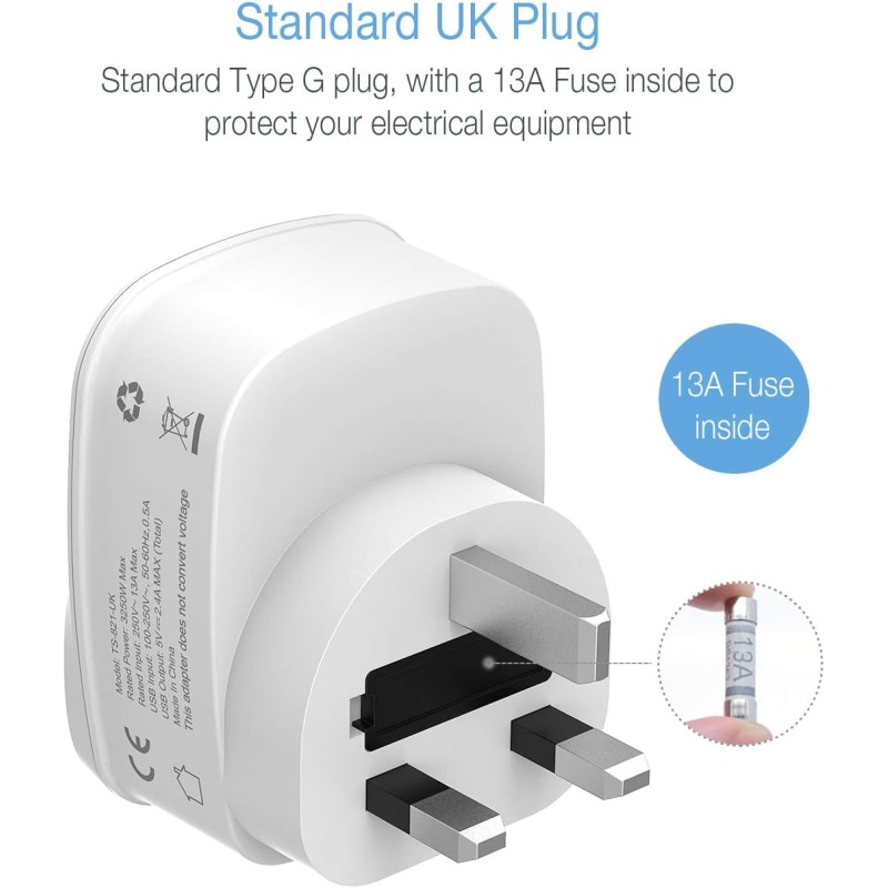 Buy Tessan Gang Plug-Through UK Charger - TS-821-UK - 2 USB A 13A in Cyprus, Nicosia, Limassol, Larnaka, Pafos
