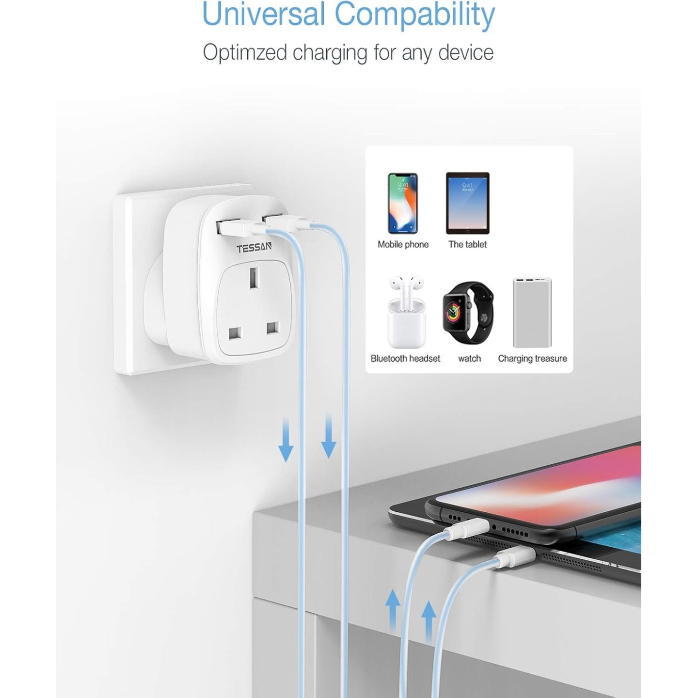 Tessan Gang Plug-Through UK Charger - TS-821-UK - 2 USB A 13A — Buy in Cyprus with Fast Delivery