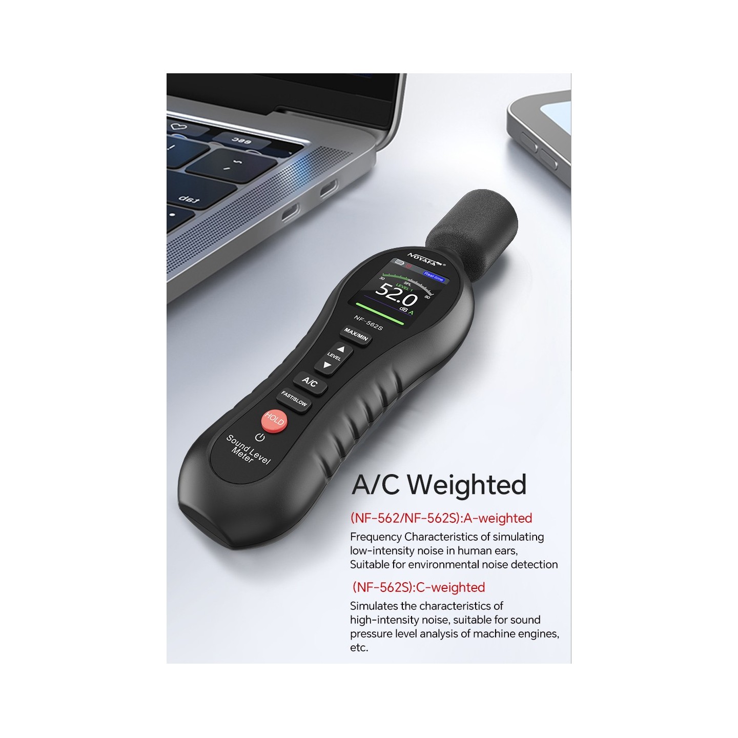 Noyafa Sound Level Meter - NF-562S - Dual A/C Weighting, Real-Time Alarm & Color LCD Display