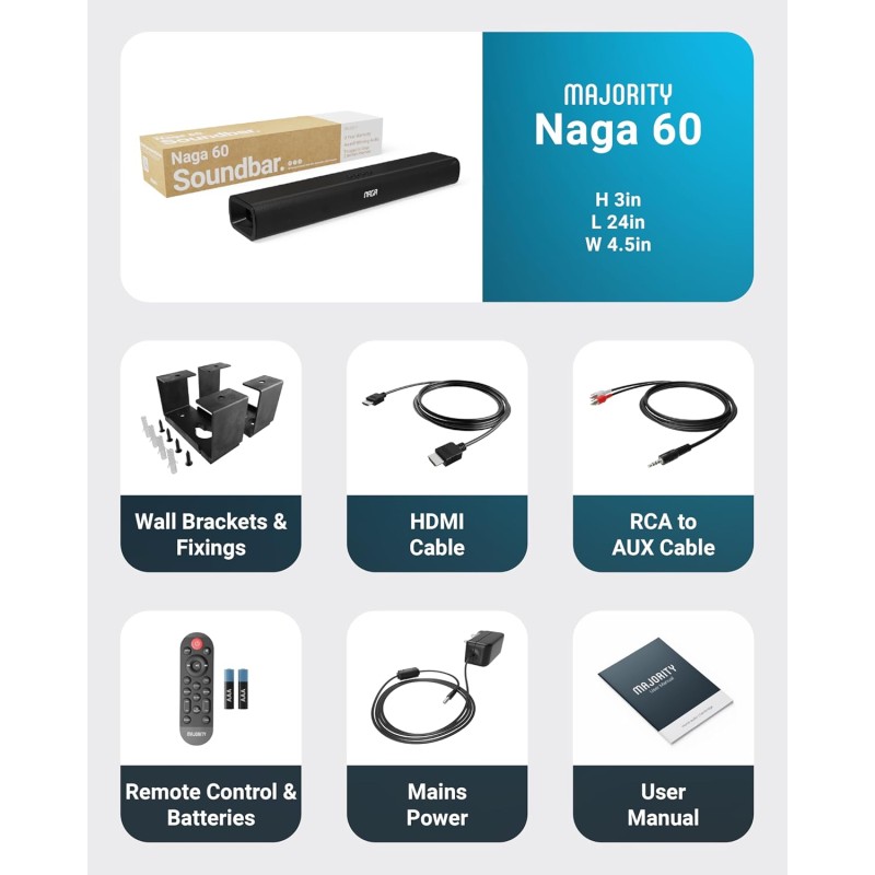 Buy Majority Soundbar - NAGA60 - 120W 2.1 3D Sound Built-in Sub & Wall Mount in Cyprus, Nicosia, Limassol, Larnaka, Pafos