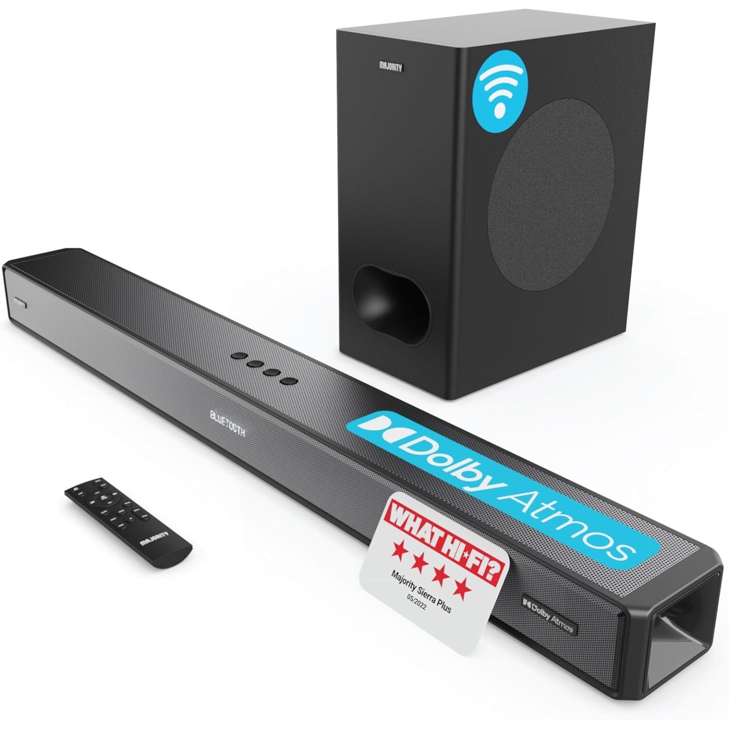 Majority SIERRA PLUS Soundbar - 400W 2.1.2 Dolby Atmos Wireless Subwoofer 3xHDMI BT-USB (UK)