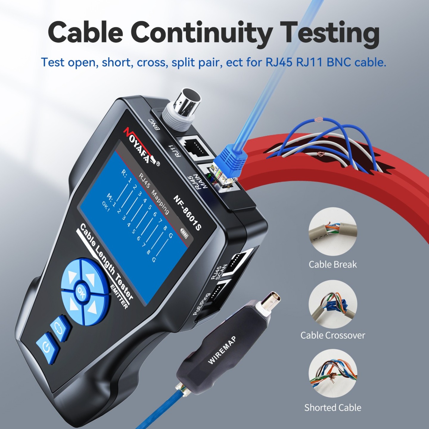 Noyafa Multi-Function Cable Tester with PoE, Ping, TDR Length Measurement, Port Flashing & NCV for RJ45, RJ11, BNC, C...