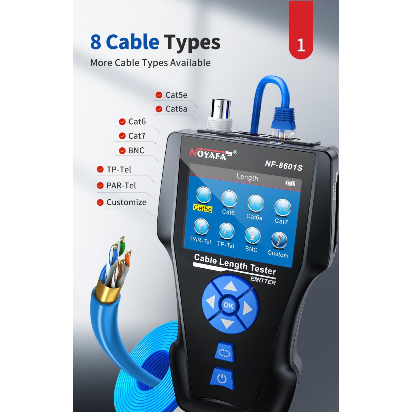 Noyafa Multi-Function Cable Tester with PoE, Ping, TDR Length Measurement, Port Flashing & NCV for RJ45, RJ11, BNC, C...