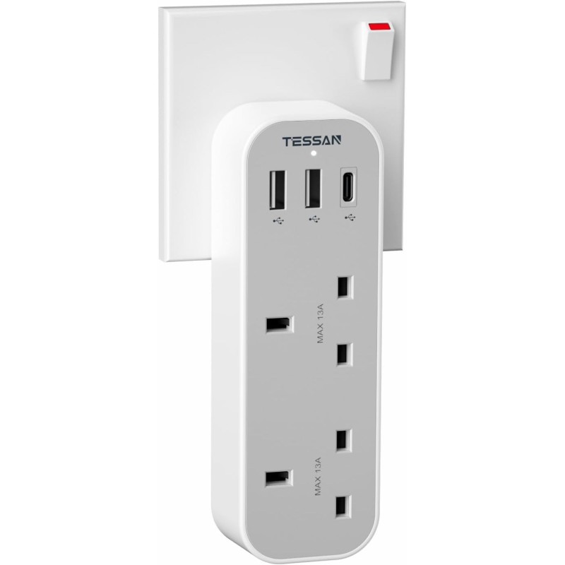 Buy Tessan 2-Gang Plug Through UK Charger - TS-222-C - 2 USB A USB C 13A in Cyprus, Nicosia, Limassol, Larnaka, Pafos