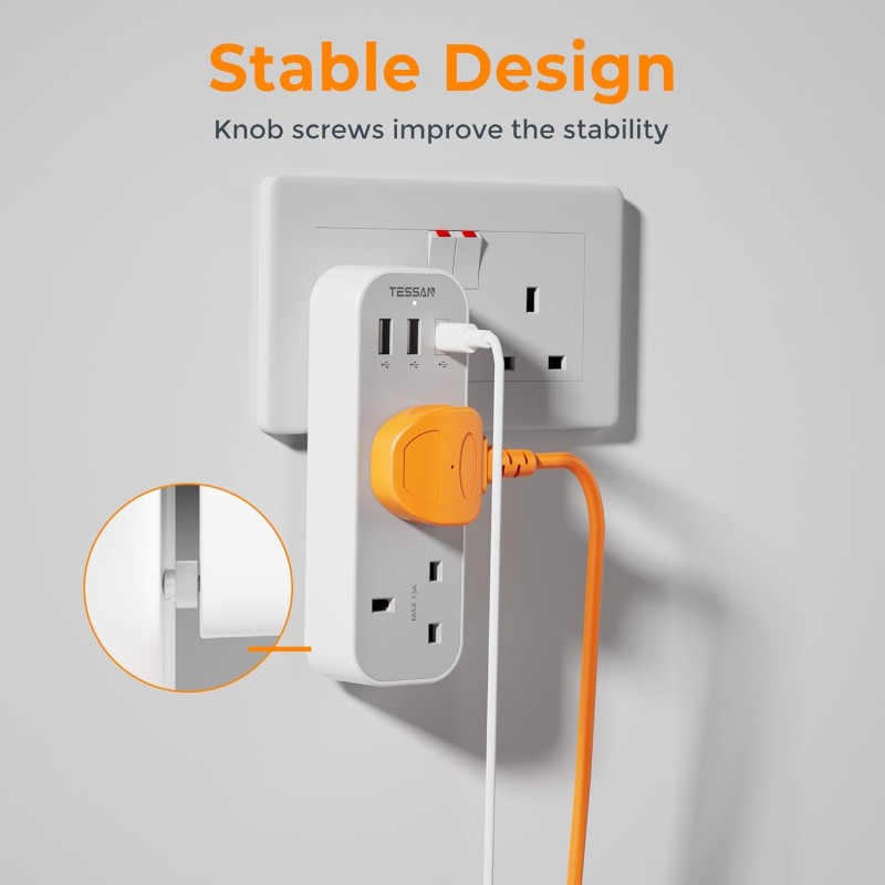 Buy Tessan 2-Gang Plug Through UK Charger - TS-222-C - 2 USB A USB C 13A in Cyprus, Nicosia, Limassol, Larnaka, Pafos