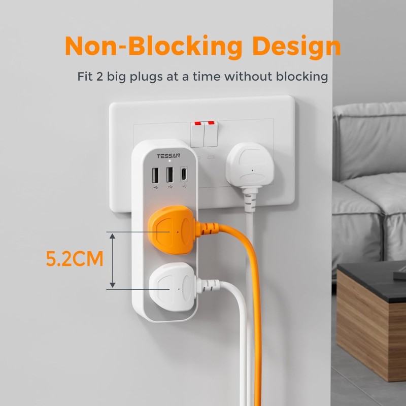 Buy Tessan 2-Gang Plug Through UK Charger - TS-222-C - 2 USB A USB C 13A in Cyprus, Nicosia, Limassol, Larnaka, Pafos