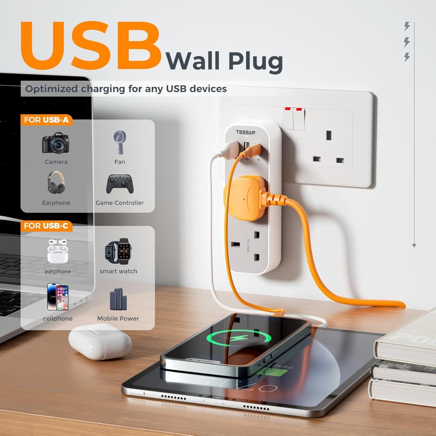 Tessan 2-Gang Plug Through UK Charger - TS-222-C - 2 USB A USB C 13A — Buy in Cyprus with Fast Delivery