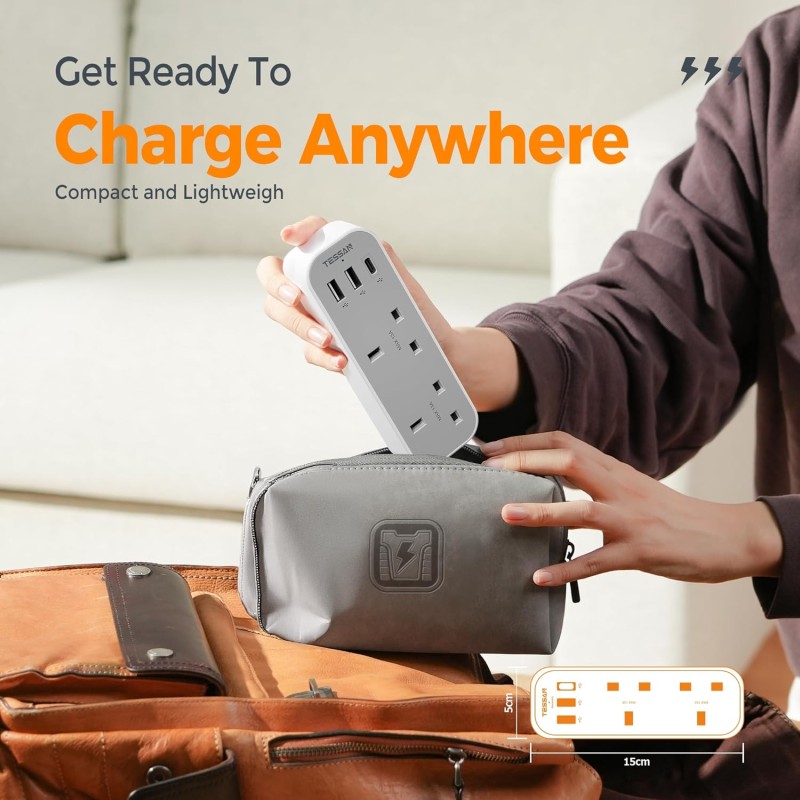 Buy Tessan 2-Gang Plug Through UK Charger - TS-222-C - 2 USB A USB C 13A in Cyprus, Nicosia, Limassol, Larnaka, Pafos