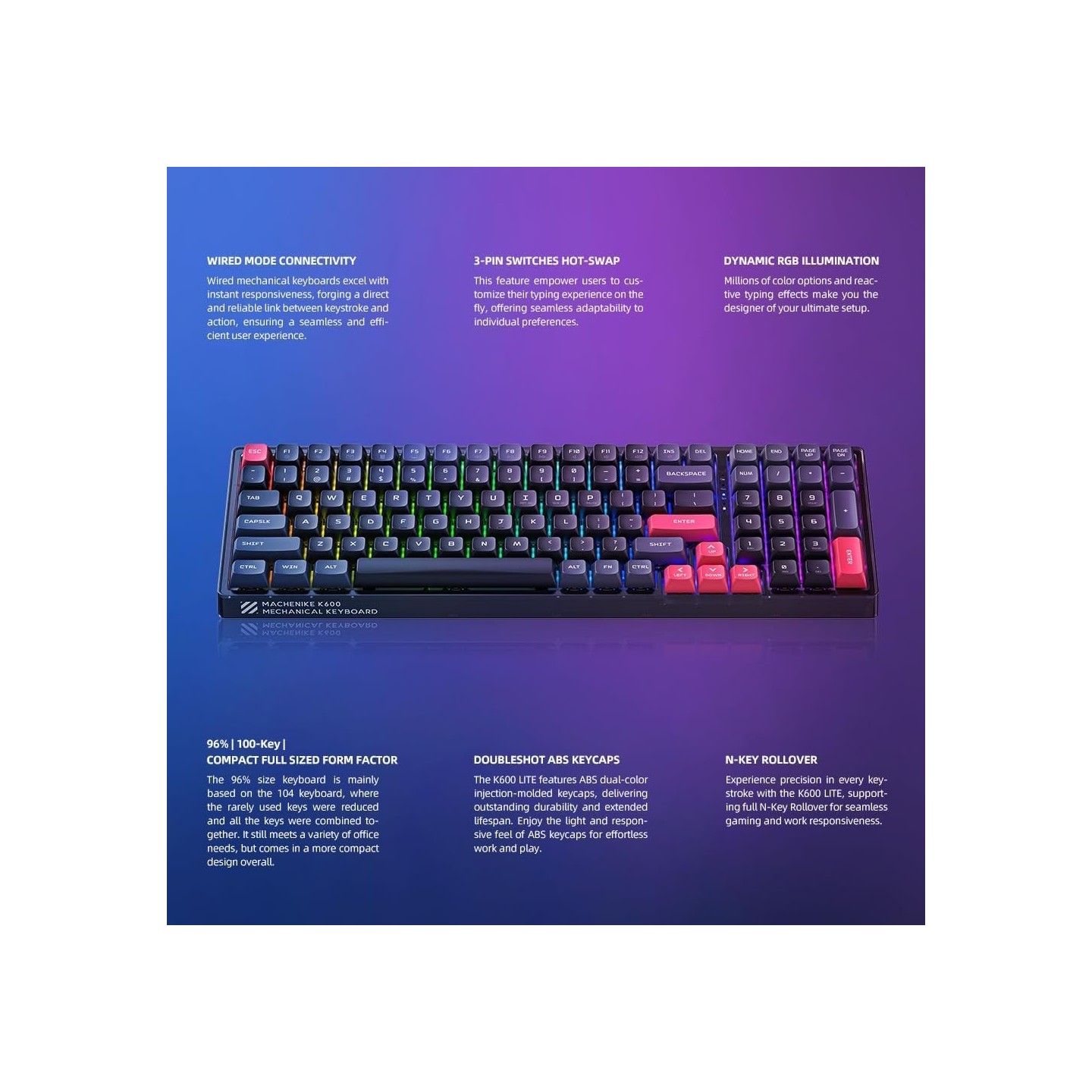 Machenike K600-B100 LITE Mechanical Gaming Keyboard - 100 Red Switch Keys (Boxed) — Buy in Cyprus with Fast Delivery