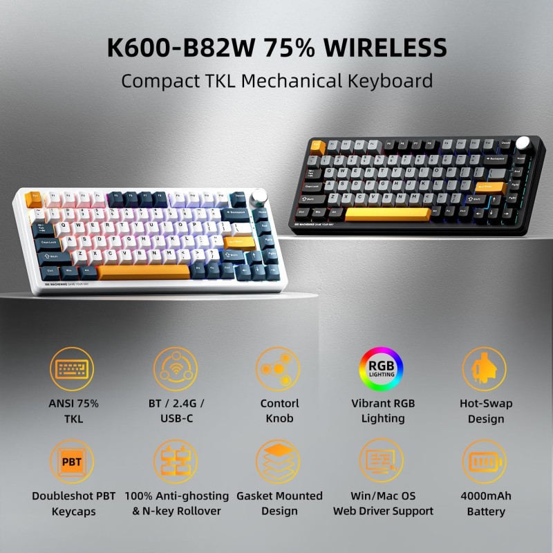 Machenike K600-B82W Gasket Wireless BT 75% Mechanical Keyboard Brown Switches (Boxed) — Buy in Cyprus with Fast Delivery