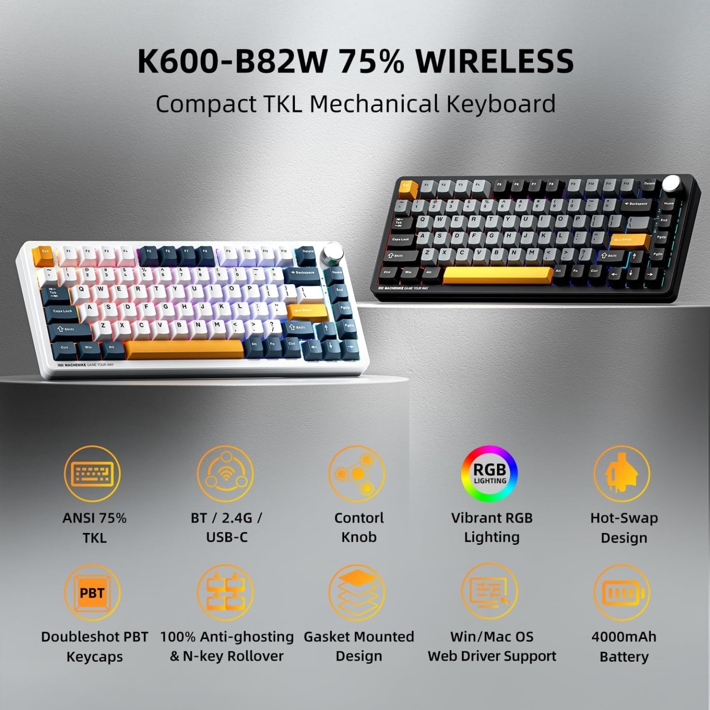 Machenike K600-B82W Gasket Wireless BT 75% Mechanical Keyboard Brown Switches (Boxed) — Buy in Cyprus with Fast Delivery