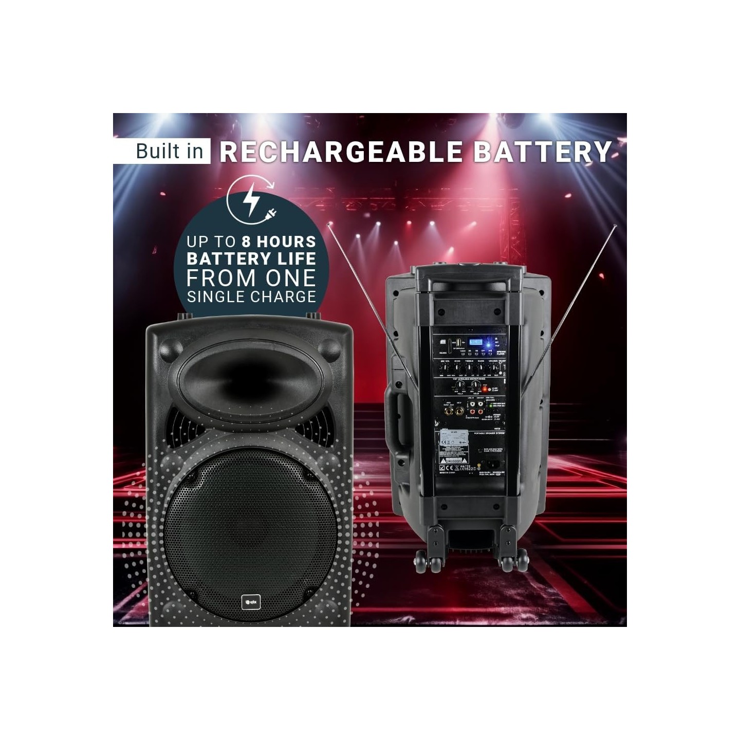 QTX QR12PA 12'' Professional Portable Karaoke & PA Speaker with 2x Wireless Microphones, Bluetooth USB & FM 178.847UK