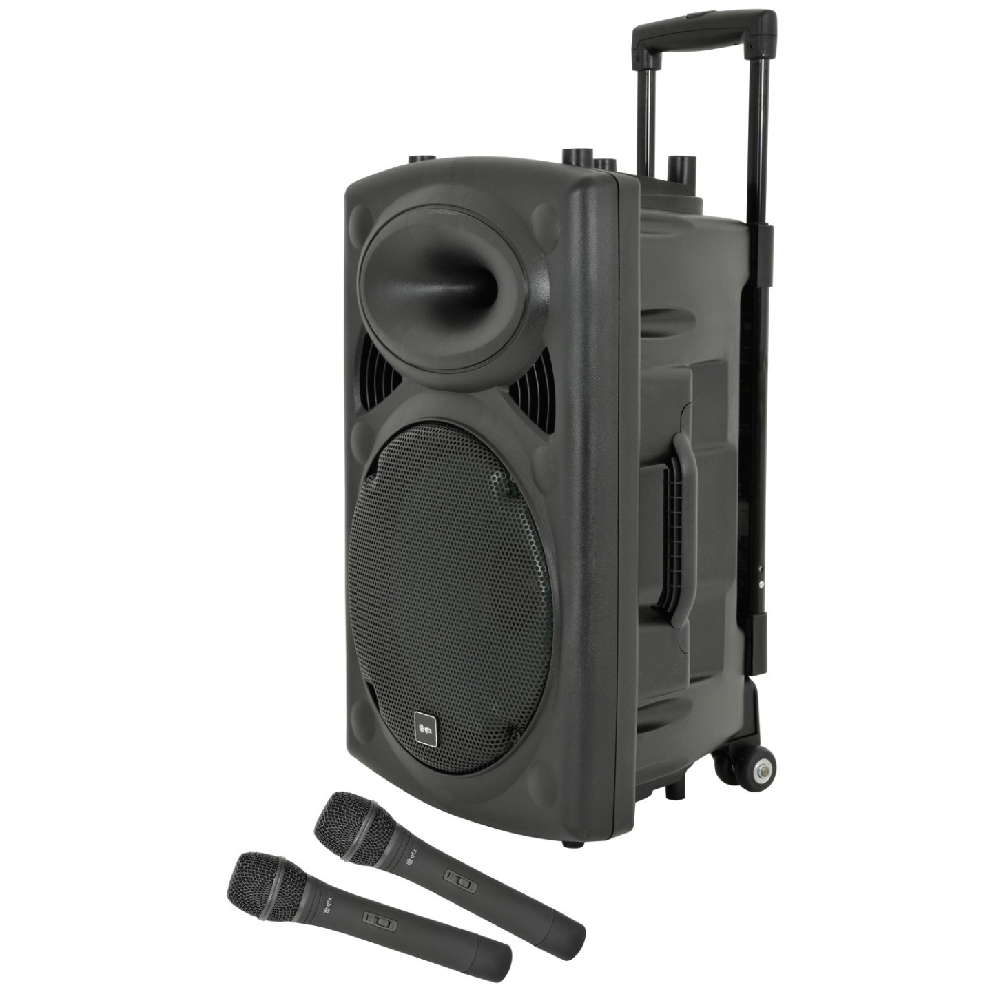 QTX QR12PA 12'' Professional Portable Karaoke & PA Speaker with 2x Wireless Microphones, Bluetooth USB & FM 178.847UK