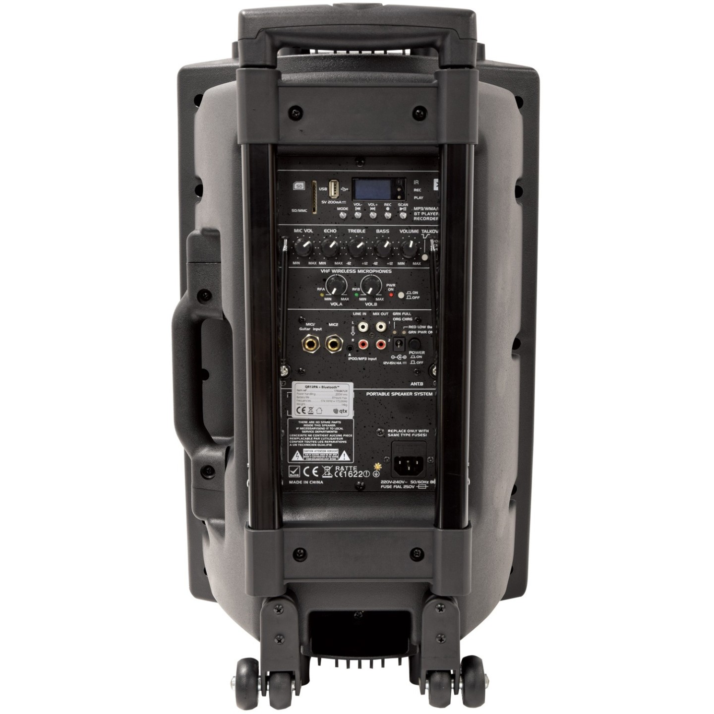 QTX QR12PA 12'' Professional Portable Karaoke & PA Speaker with 2x Wireless Microphones, Bluetooth USB & FM 178.847UK