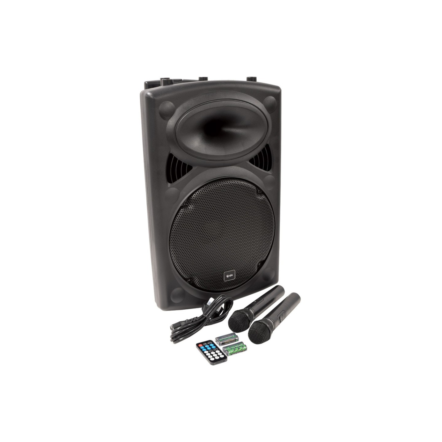 QTX QR12PA 12'' Professional Portable Karaoke & PA Speaker with 2x Wireless Microphones, Bluetooth USB & FM 178.847UK