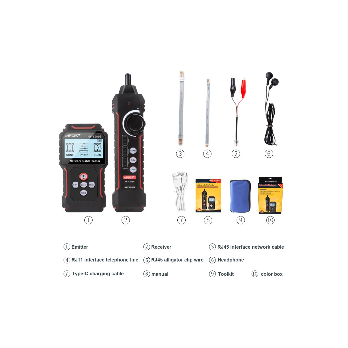 Noyafa Network Tester & Tracker - NF-8209S - with PoE, Cable Length, Port Flashing, NCV & Rechargeable Battery