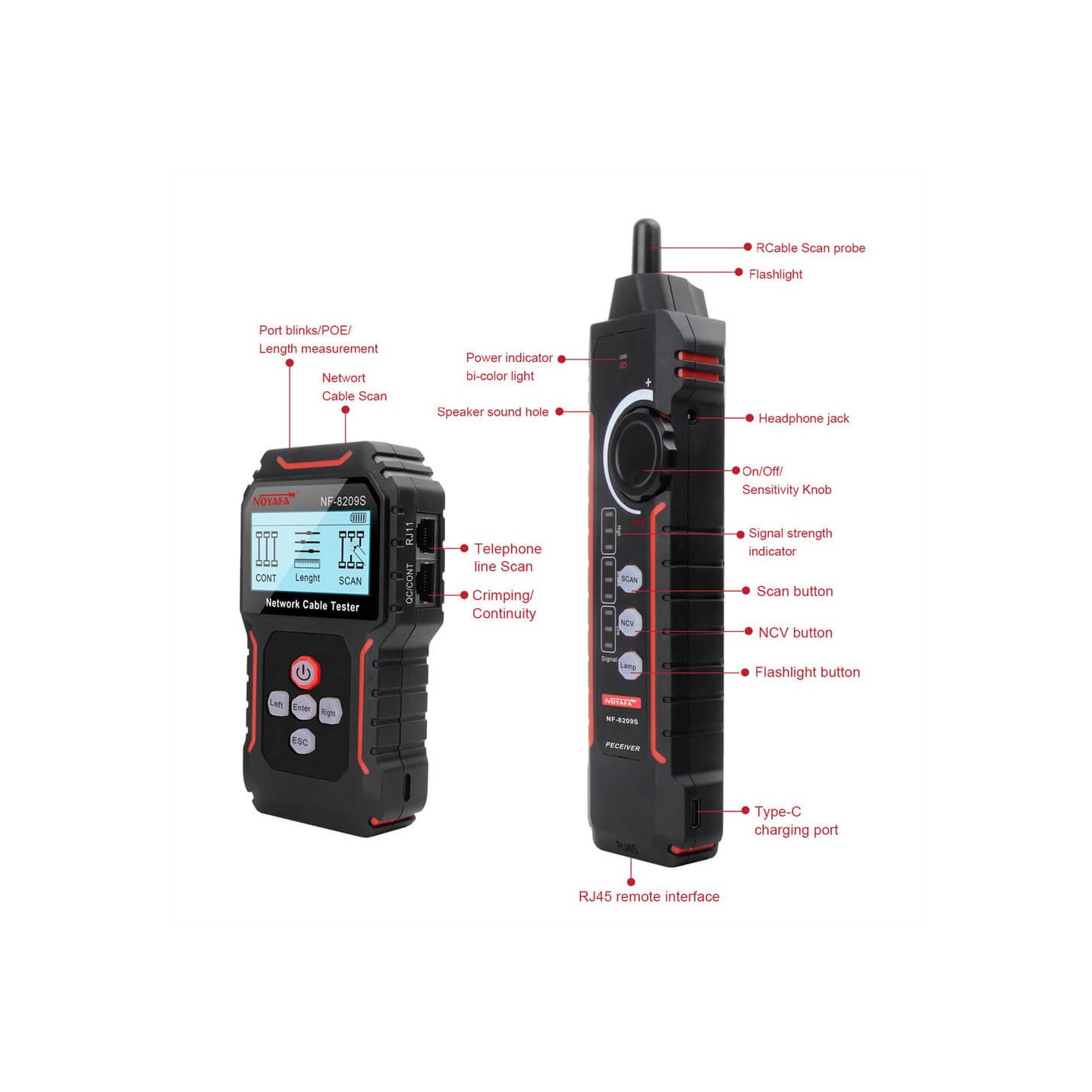 Noyafa Network Tester & Tracker - NF-8209S - with PoE, Cable Length, Port Flashing, NCV & Rechargeable Battery