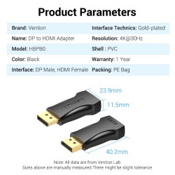 Buy Vention DisplayPort Male to HDMI Female Adaptor - HBPB0 - 4K in Cyprus, Nicosia, Limassol, Larnaka, Pafos