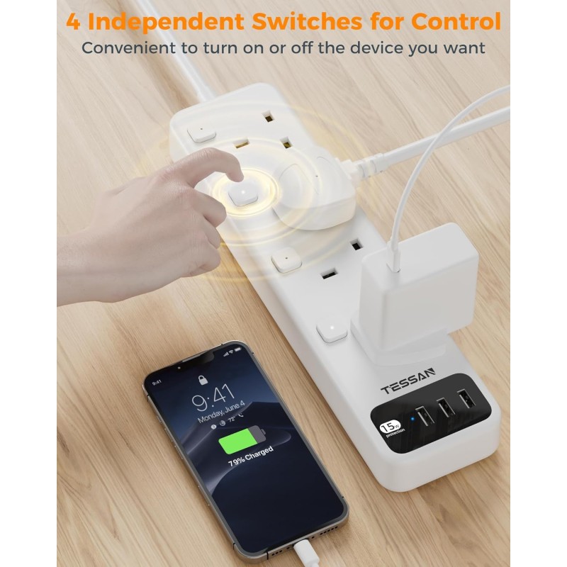 Buy Tessan 4-Gang Extension - TS-B204 - 4-Gang Extension 3 USB-A 2m 13A in Cyprus, Nicosia, Limassol, Larnaka, Pafos