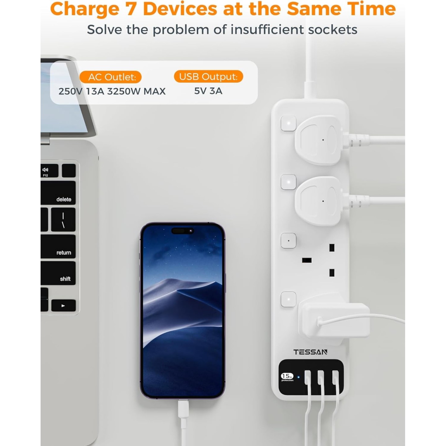 Tessan 4-Gang Extension - TS-B204 - 4-Gang Extension 3 USB-A 2m 13A — Buy in Cyprus with Fast Delivery