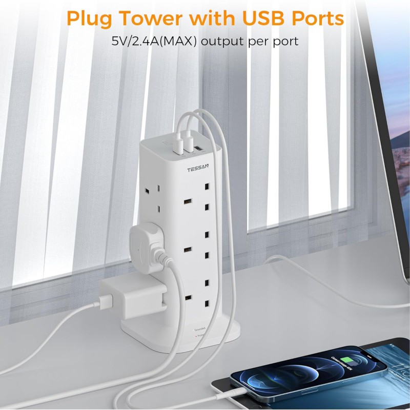 Buy Tessan 12 Gang Extension 3 USB 2m 13A - TPS04-UK-C - 12 Gang Extension, 3 US... in Cyprus, Nicosia, Limassol, Larnaka, Pafos