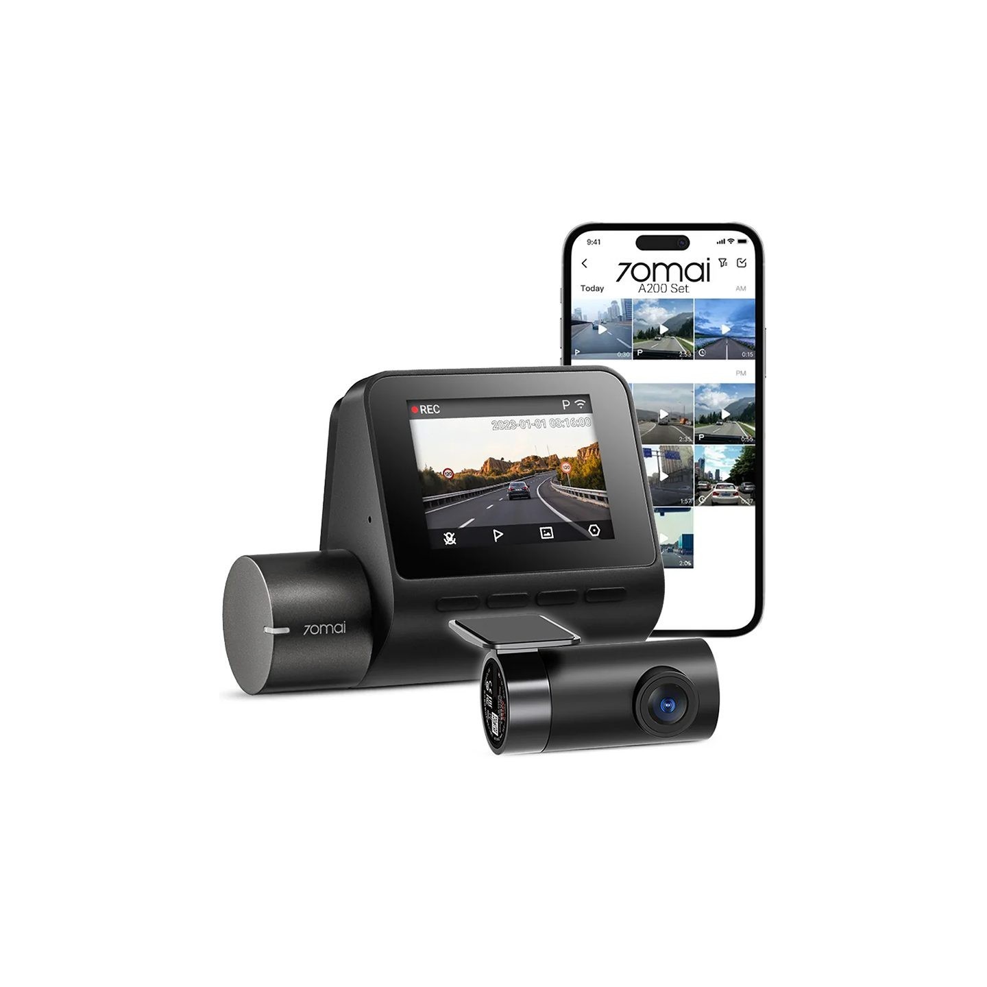 70mai Front & Rear Dash Cam w. Screen, Set with RC11 Rearview Camera - A200-1 - 1080P 60FPS 130FOV 500m