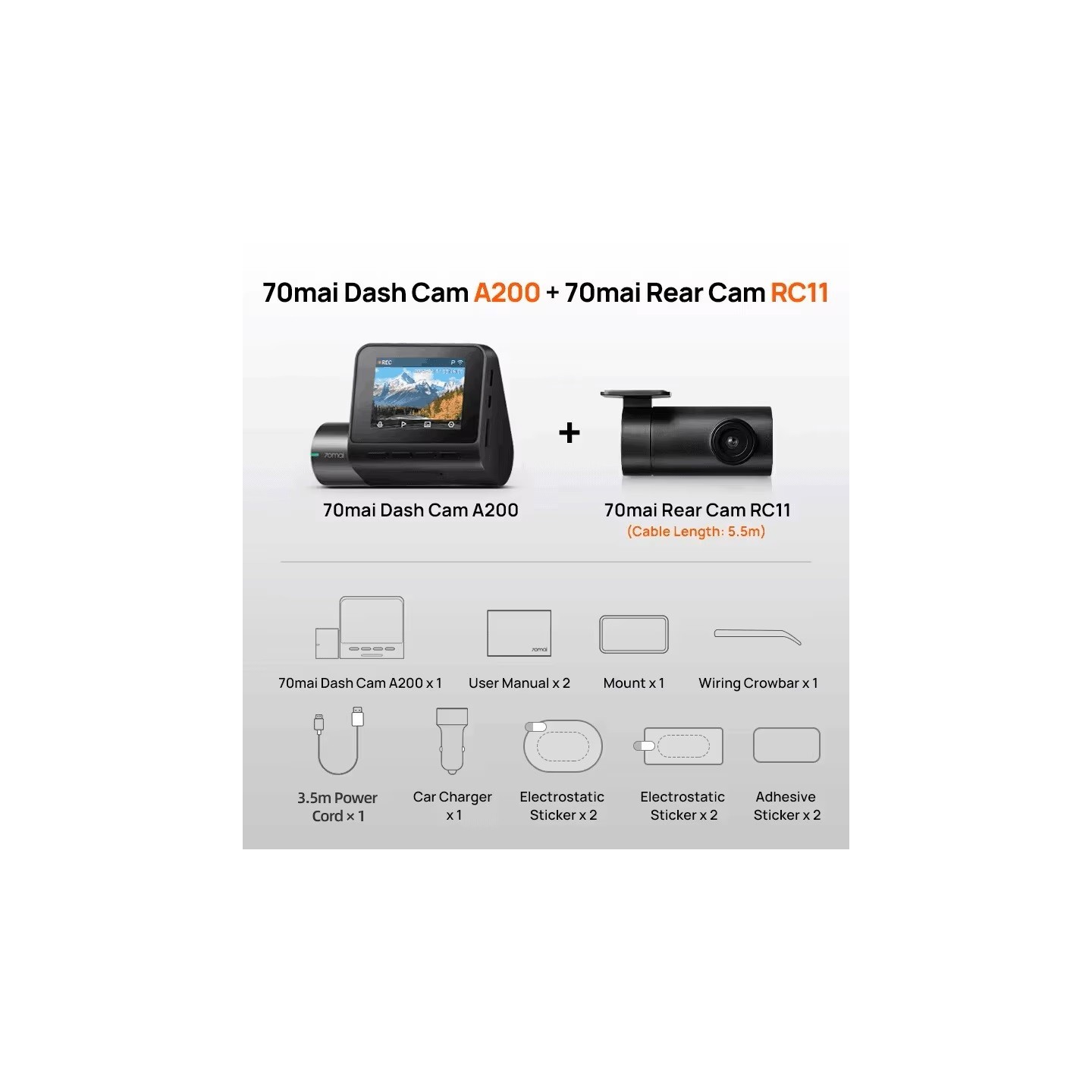 70mai Front & Rear Dash Cam w. Screen, Set with RC11 Rearview Camera - A200-1 - 1080P 60FPS 130FOV 500m