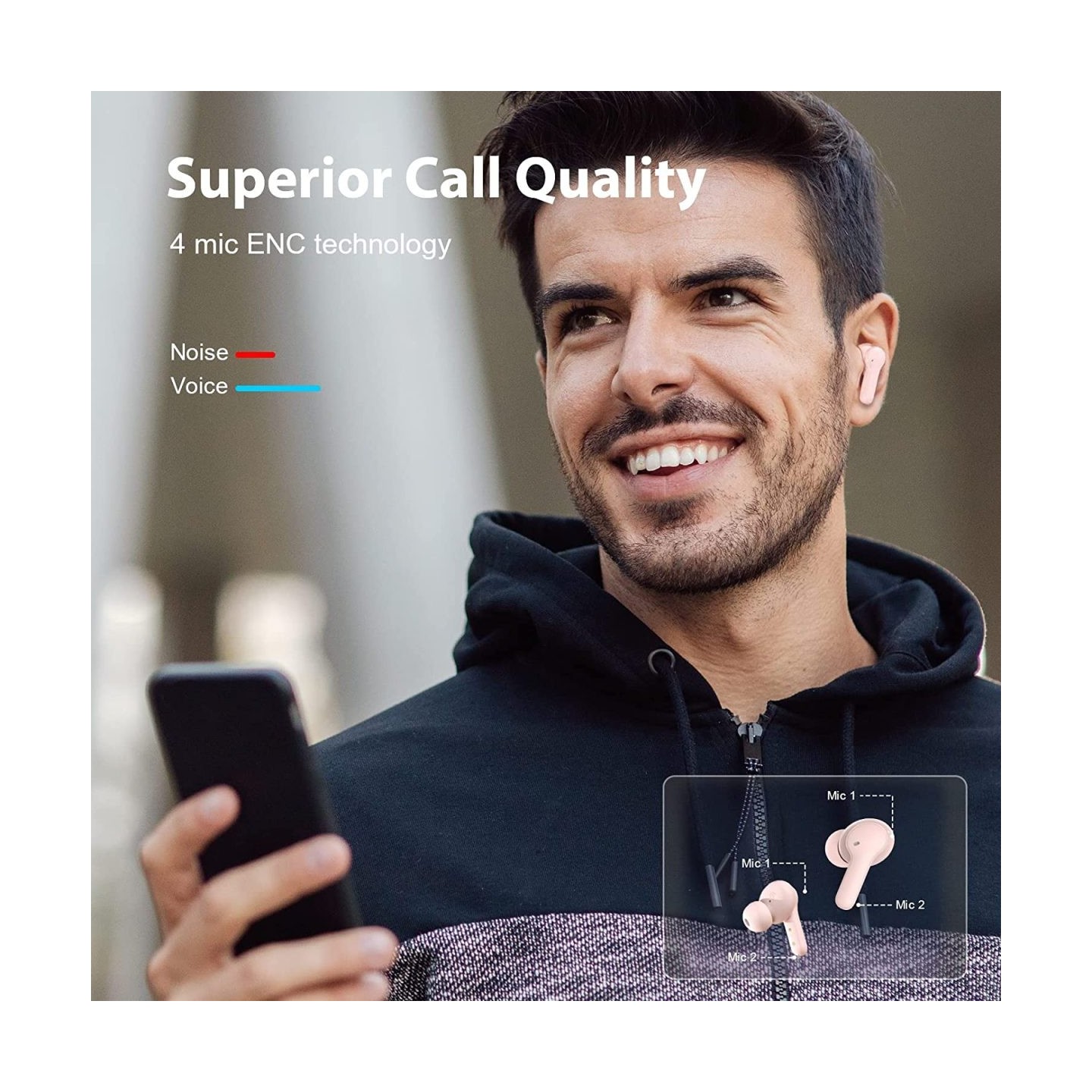 QCY Earbuds - T13 - TWS Pink Dual Driver 4-mic Noise Cancel True Wireless Earbuds - Quick Charge 380mAh