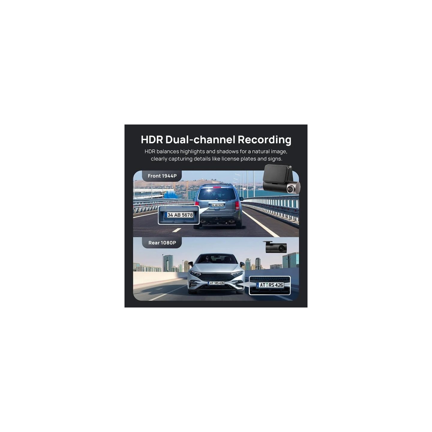 70mai Dash Cam - A510-1 - Front & Rear Dash Cam with Screen RC11 Rearview Cam - 1600p, 3k pic, Loop rec