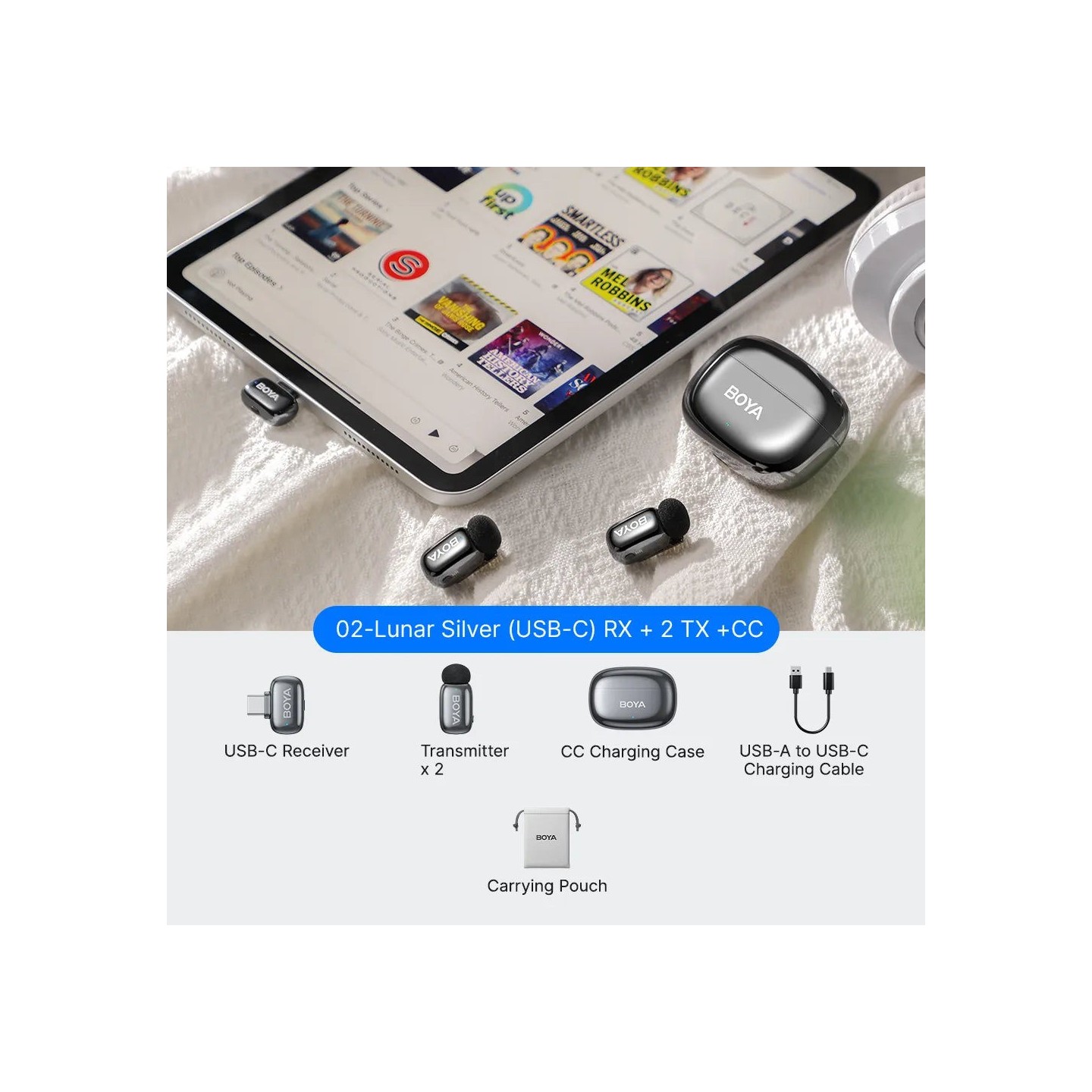 BOYA Mic - Mini 2 - Type-C Space Gray, 2,4GHz 2mic Wireless AI-ANC Mic w. Charging Box Mono stereo safety-tr