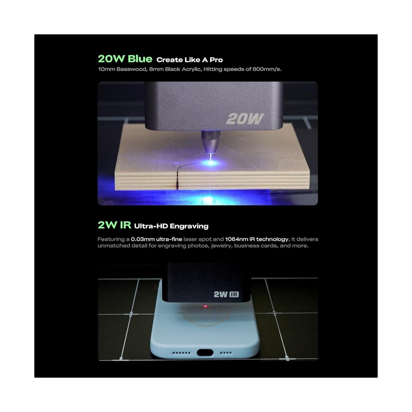 Creality Falcon - A1 Pro - 20W Laser Engraver, 20W Blue & Optional 2W IR laser module 358x268