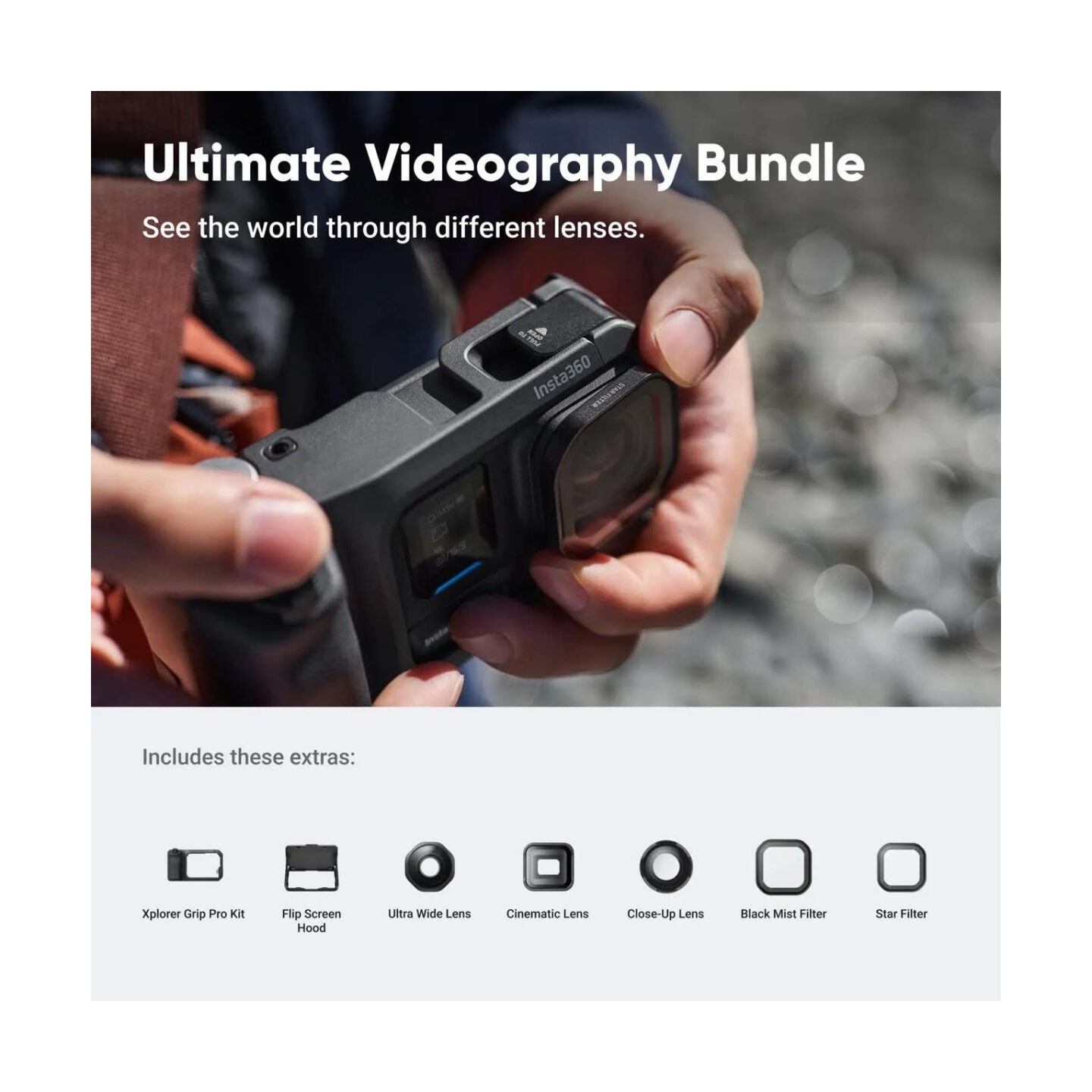 Insta360 Ultimate Videography Bundle Action Cam - Ace Pro 2 - 3 lenses, 2 filters, Xplorer grip pro kit