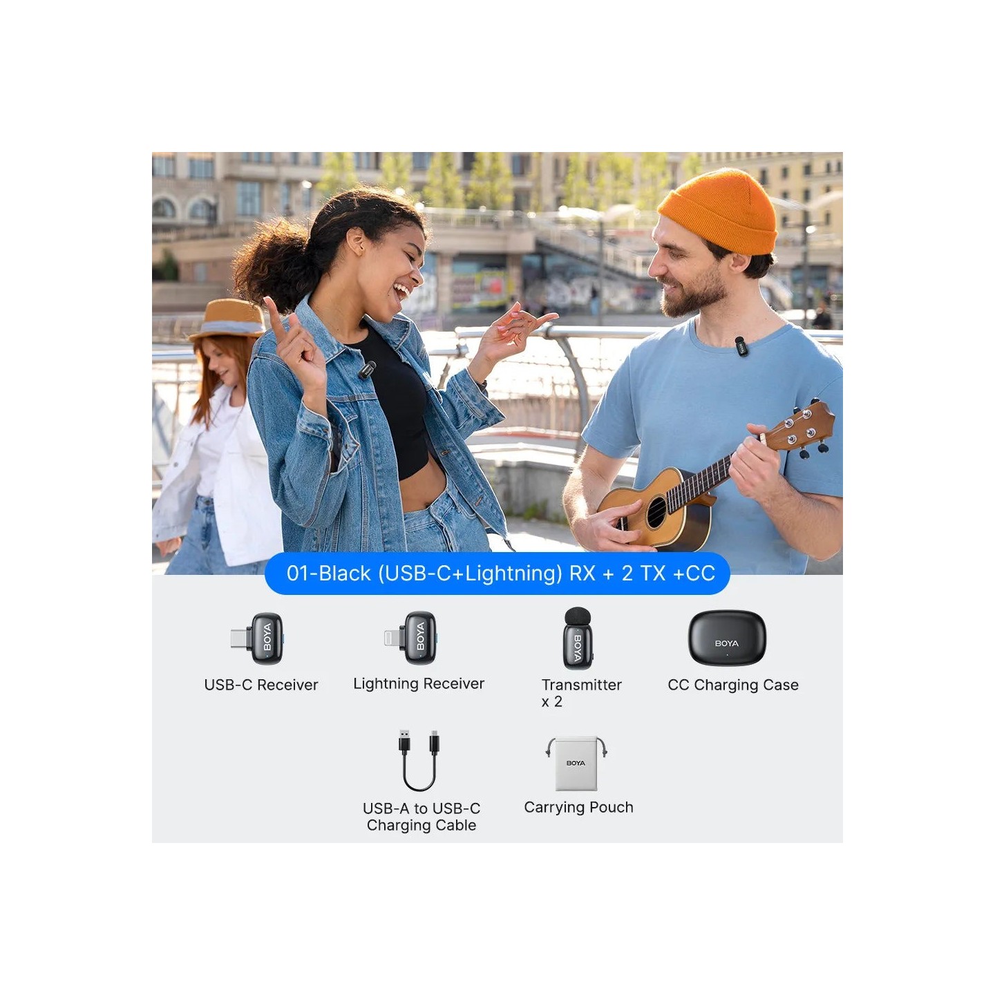 BOYA Lightning & Type-C - mini 2 - 2.4GHz 2mic Wireless AI-ANC Mic w. Charging Box Mono stereo safety