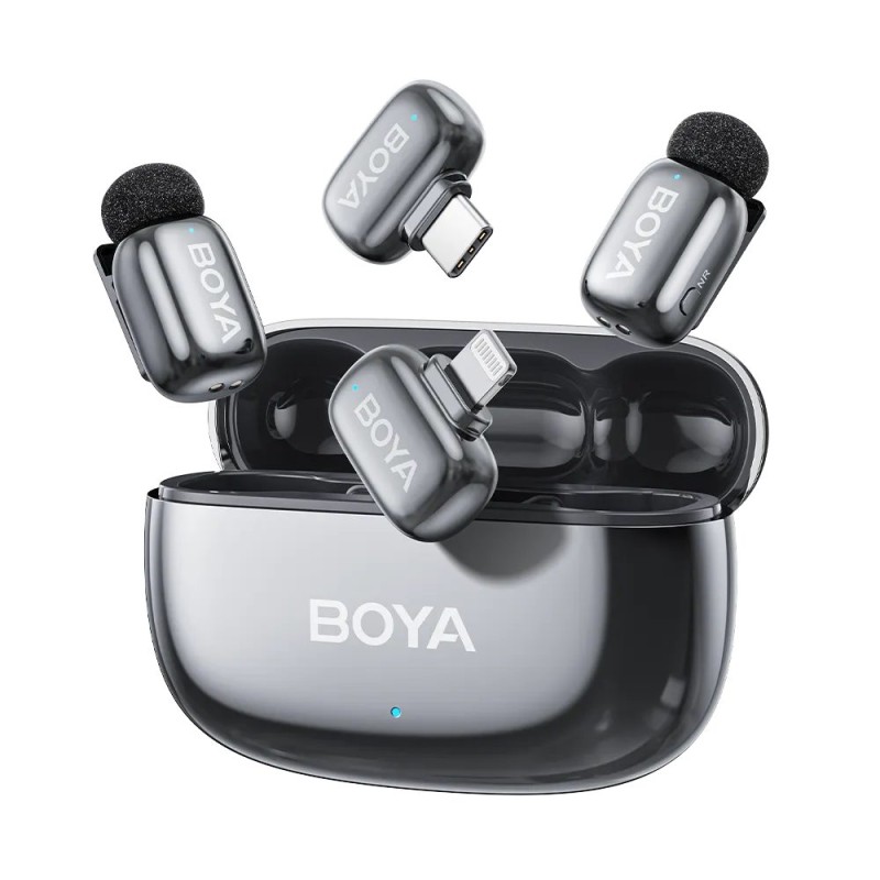 BOYA Wireless Microphone - mini 2 - Lightning & Type-C Space Grey, 2,4GHz 2mic Wireless AI-ANC Mic w. Charging Box