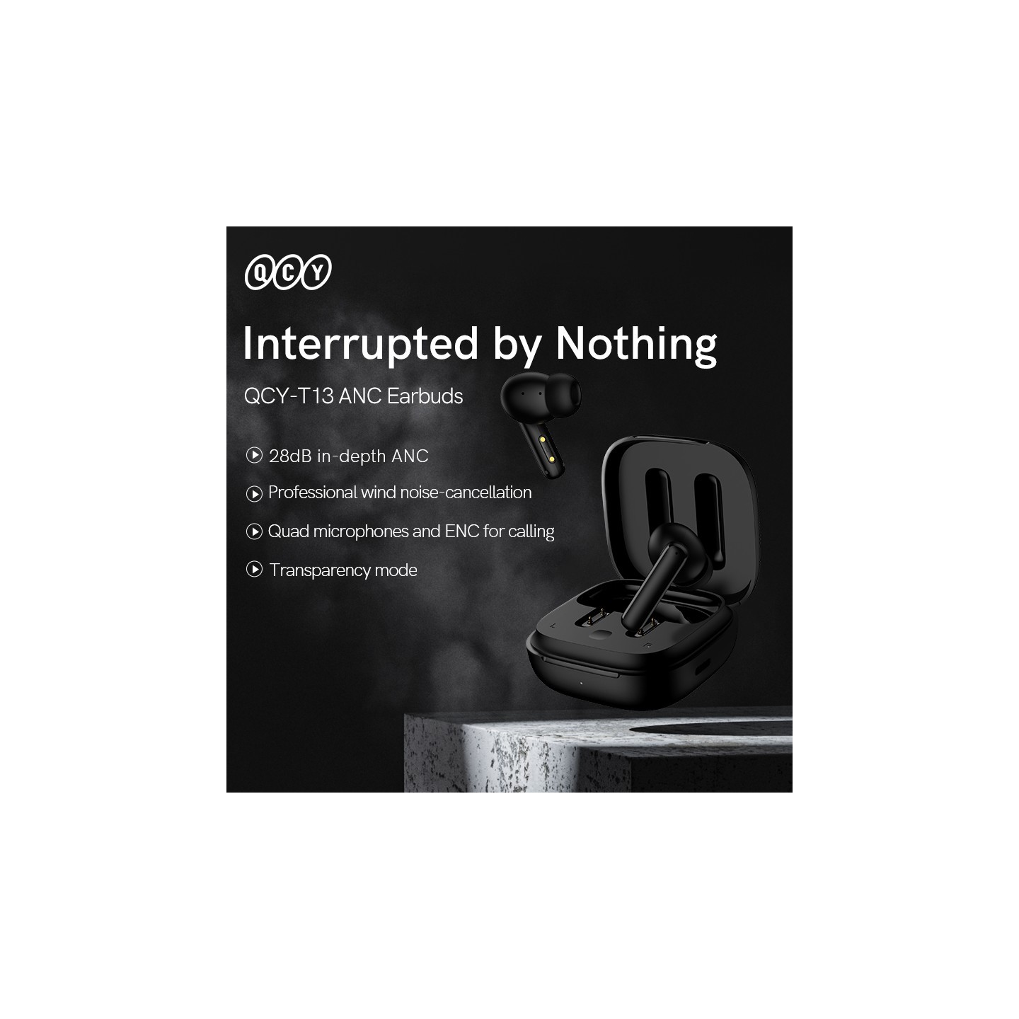 QCY ANC Black - T13 - TWS 10mm Dynamic Driver, 4-mic 28dB ANC, Bluetooth 5.3, 7hr-30hr, 75ms latency
