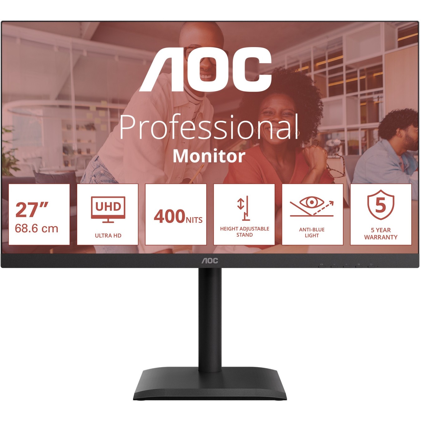 AOC Monitor - U27E4CV - 27 inch Ultra HD. Speakers. (3840x2160, 60 Hz, 2x HDMI 2.0, DisplayPort 1.4, USB-C (90W PD), RJ45)