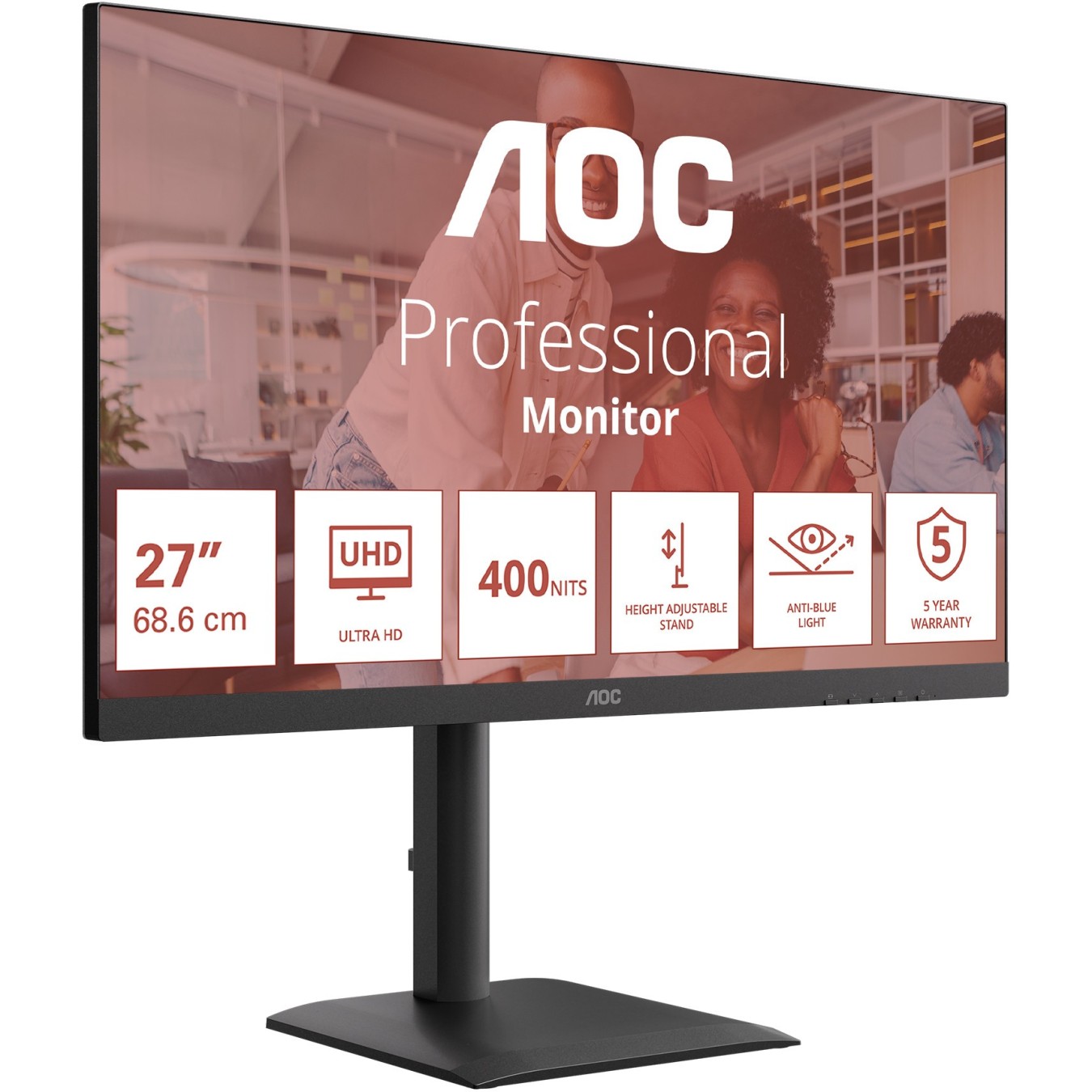 AOC Monitor - U27E4CV - 27 inch Ultra HD. Speakers. (3840x2160, 60 Hz, 2x HDMI 2.0, DisplayPort 1.4, USB-C (90W PD), RJ45)