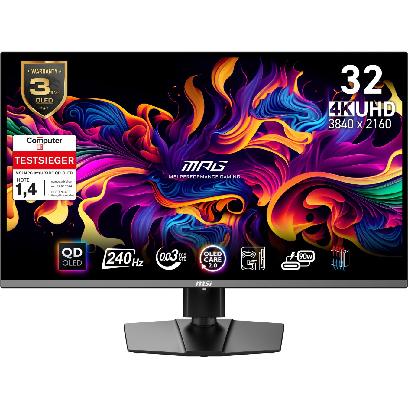 MSI MPG - 321URXDE - QD-OLED, 80 cm (31.5 in), Black, UltraHD 4K, Adaptive-Sync, USB-C, 240 Hz panel