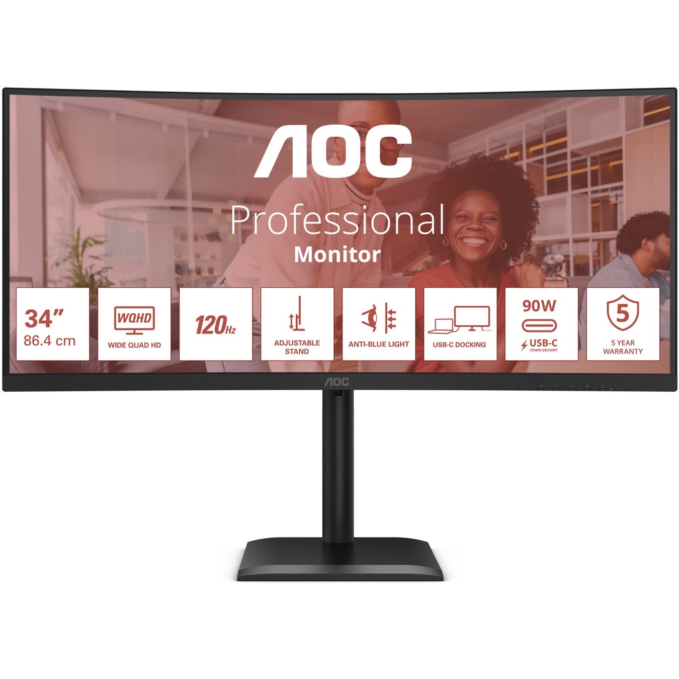 AOC Monitor - CU34E4CV - 86.0cm (34') 21:9 2xHDMI+DP+USB-C Curved Black — Buy in Cyprus with Fast Delivery
