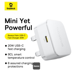 Buy Baseus Wall Charger - 20W USB-C PALM Series UK White in Cyprus, Nicosia, Limassol, Larnaka, Pafos