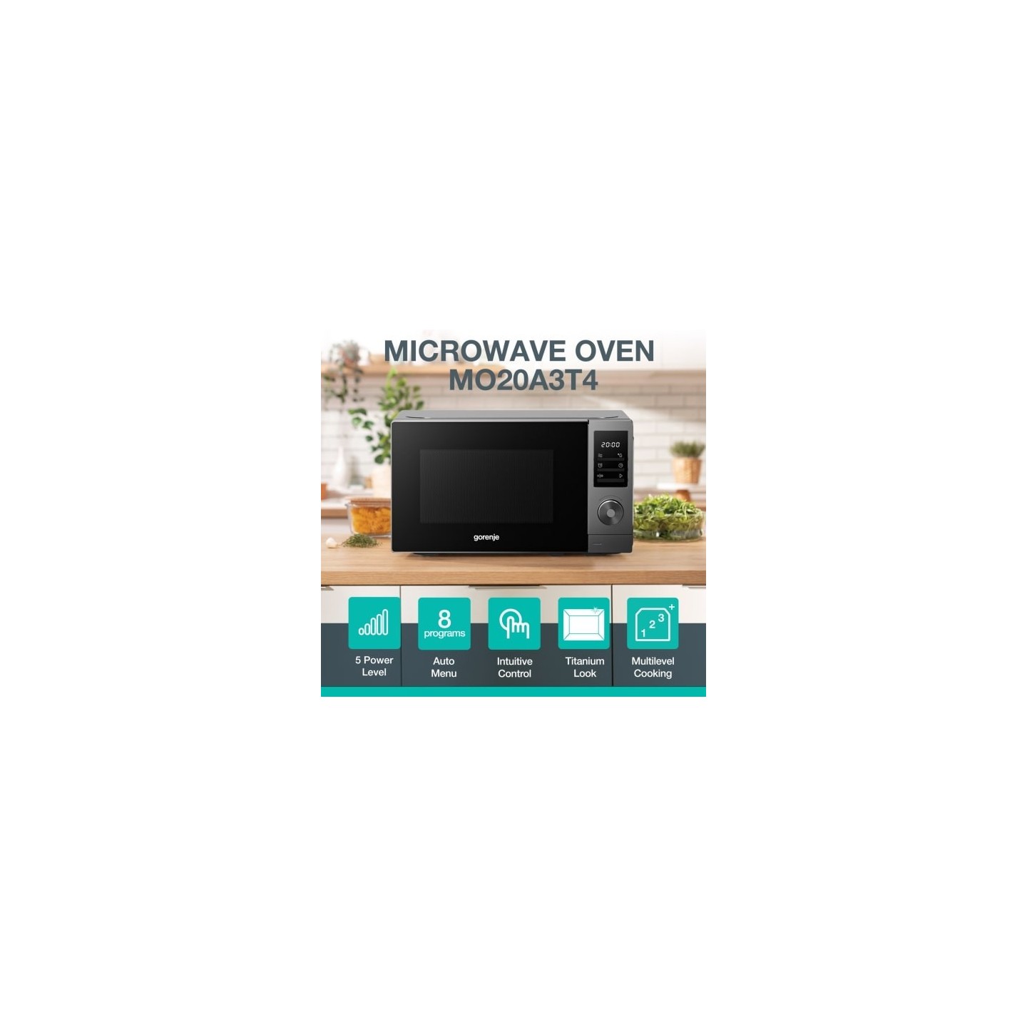 Gorenje Kitchen Microwave Oven - MO20A3T4 - 700W 20L 8 Programs Digital Screen Titanium — Buy in Cyprus with Fast Delivery