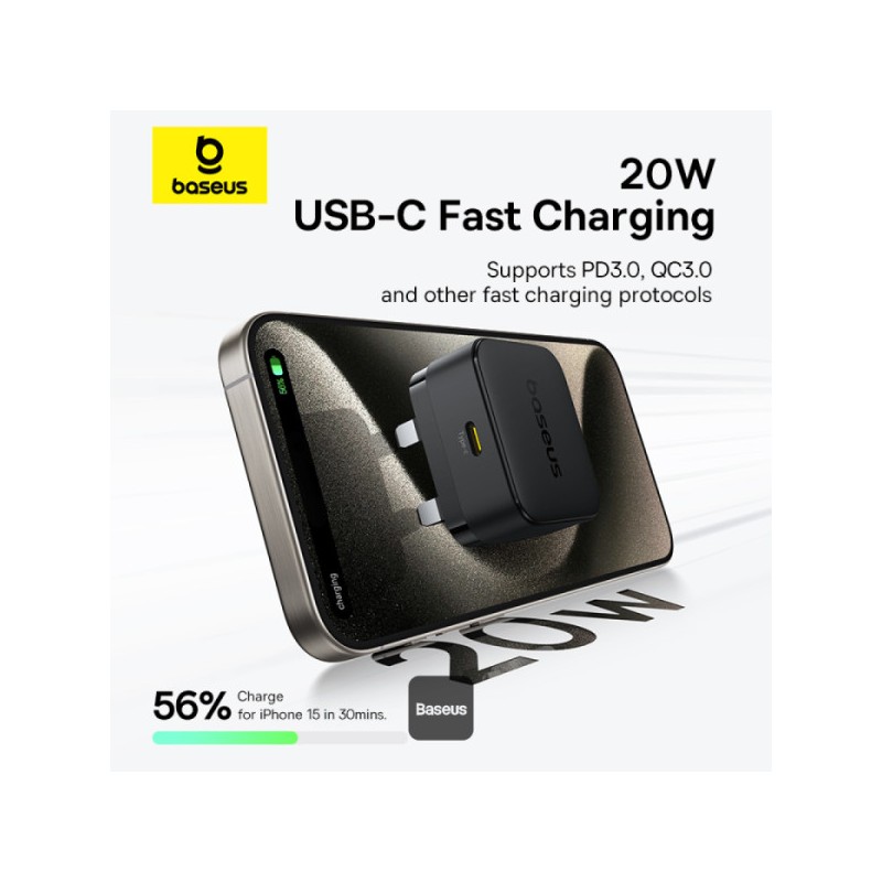 Buy Baseus Charger - Wall 20W USB-C PALM Series UK Black in Cyprus, Nicosia, Limassol, Larnaka, Pafos
