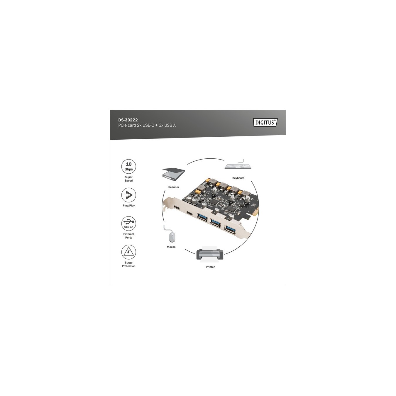 PCIe Card - 2x USB-C + 3x USB A, Interface Card — Buy in Cyprus with Fast Delivery