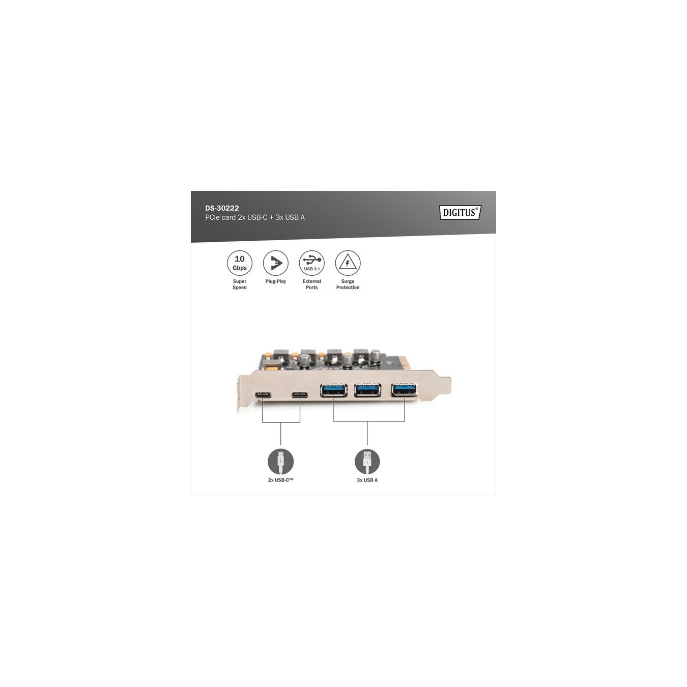PCIe Card - 2x USB-C + 3x USB A, Interface Card — Buy in Cyprus with Fast Delivery