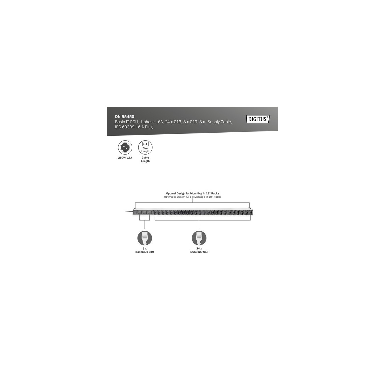 Basis IT PDU with aluminum profile, 24x C13, 3x C19, power strip — Buy in Cyprus with Fast Delivery