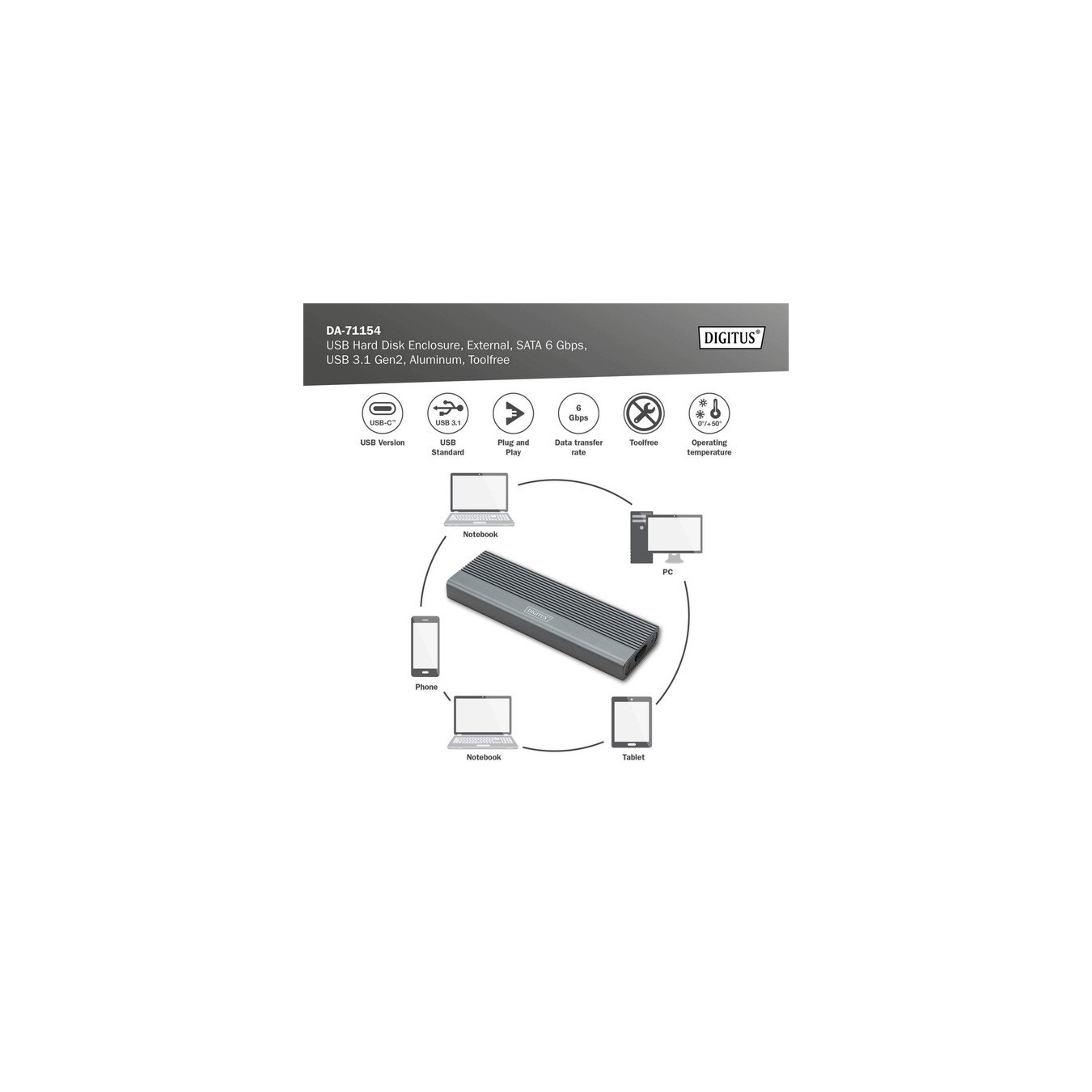 USB M.2 SSD Enclosure - DA-71154 - USB M.2 SSD, drive enclosure — Buy in Cyprus with Fast Delivery