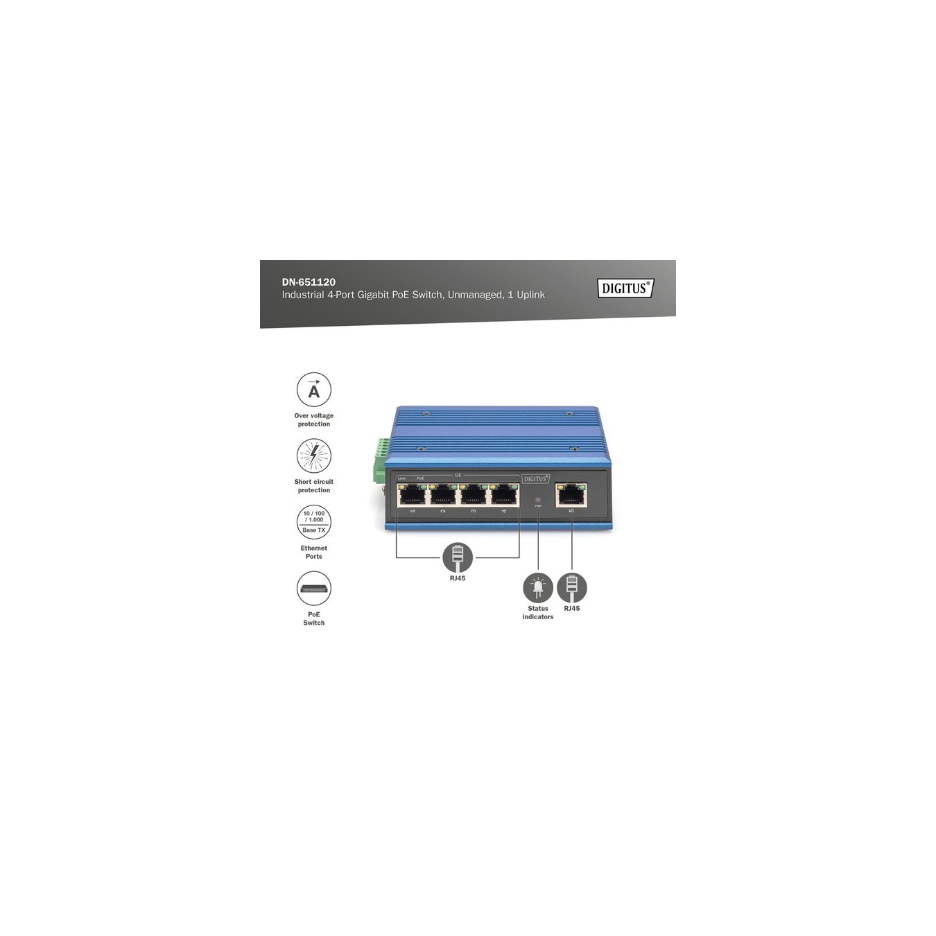 4 Port Gigabit PoE Industrial, Unmanaged, Switch — Buy in Cyprus with Fast Delivery